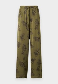 Pantaloni larghi verde oliva con cintura elastica e motivo floreale nero.