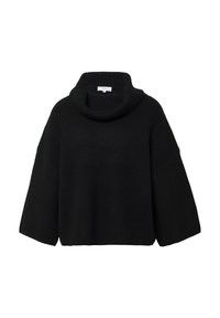 Czarny oversize sweter z wysokim kołnierzem. Wykonany z prążkowanej dzianiny, z szerokimi rękawami i luźnym krojem. Brak widocznych guzików lub wzorów.