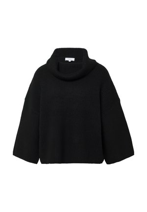 Maglione nero oversize con collo alto a cappuccio. Realizzato in tessuto a maglia a costine, presenta maniche larghe e una vestibilità rilassata. Senza bottoni o motivi visibili.
