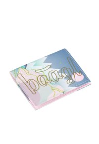 Folded wallet in fabric with a pastel color scheme, features floral patterns, gold text, and a pink edge; smooth texture and compact shape.