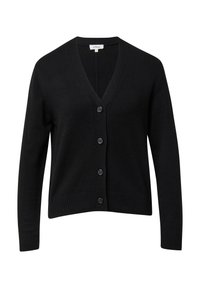 Cardigan en maille noire à manches longues, col en V, ourlet et poignets côtelés, avec quatre boutons devant.