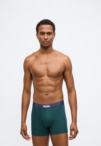 Πράσινοι σλιπ με ναυτική ζώνη, που διαθέτουν άσπρο λογότυπο "PUMA". Το ύφασμα φαίνεται λείο και ελαστικό, κατάλληλο για αθλητική ένδυση.