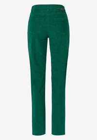 Pantalon droit en velours côtelé vert avec poches arrière et ceinture, vu de dos sur fond blanc.