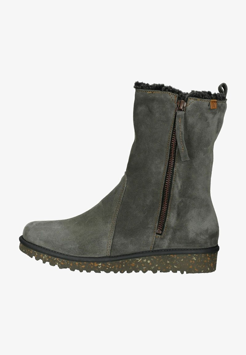 Gray suede ankle boots with a side zipper, soft faux fur trim at the top, and a textured rubber sole featuring a speckled pattern.
