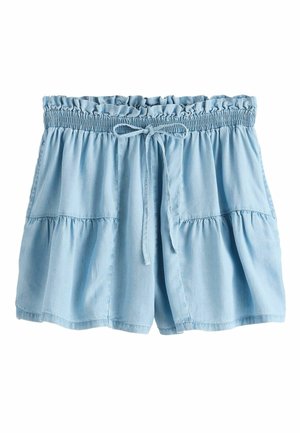 Hellblaue, lockere Shorts mit elastischem, gerafftem Bündchen und vorderer Zierschleife, versehen mit gesammelten Nahtdetails an den Beinen.