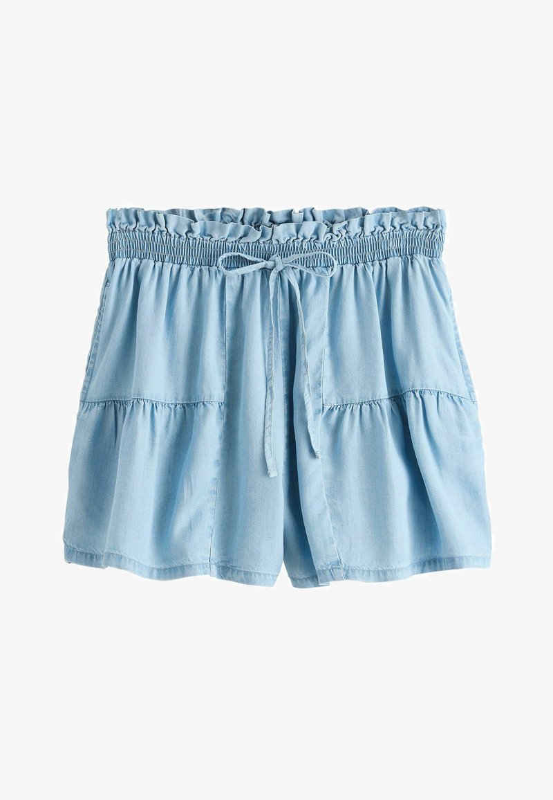 Shorts amples bleu clair avec taille élastique froncée et lien à l'avant, présentant des détails de couture plissée sur les jambes.