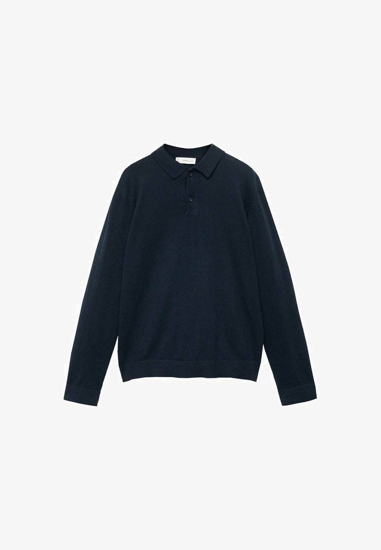 Marineblaue Langarm-Polohemd mit Kragen, Zwei-Knopf-Leiste und gerippten Bündchen. Hergestellt aus gestricktem Stoff mit einer glatten Textur.
