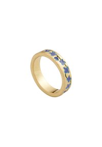 Gold ring featuring a floral pattern with blue flowers along the band, smooth texture, and rounded shape.