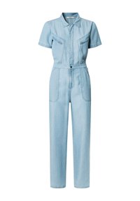 Light blue denim jumpsuit with short sleeves, two chest pockets, a button front, and a fitted waist. Straight-legged with minimal stitching details.
