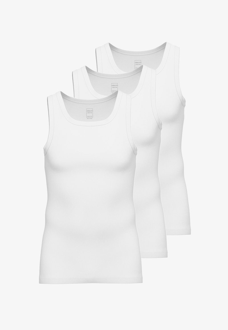 Three white cotton tank tops with a fitted design, wide shoulder straps, and a smooth texture, displayed in a front-facing arrangement.