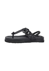 Sort flip-flop sandal med gummisål, der har et cirkulært accentdesign, tekstureret rem og elastisk bagbånd for en sikker pasform.