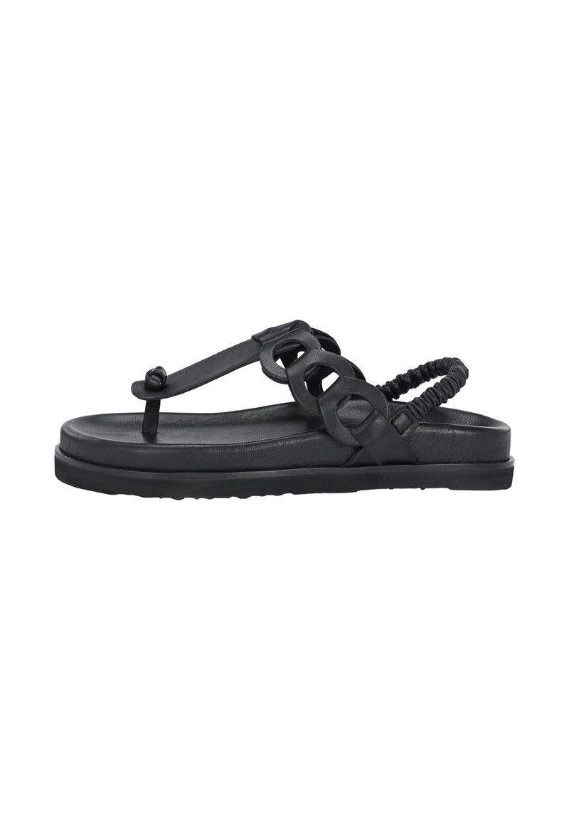 Sort flip-flop sandal med gummisål, der har et cirkulært accentdesign, tekstureret rem og elastisk bagbånd for en sikker pasform.