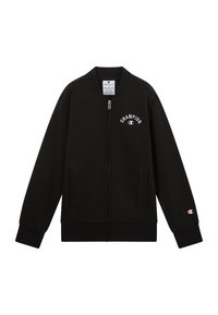 Chaqueta negra de zip con cierre Champion, con bolsillos frontales, puños acanalados, cuello y logo en el pecho y en el puño izquierdo.
