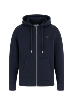 Felpa con zip blu navy con tasca a marsupio frontale, cappuccio con coulisse e piccola toppa con logo triangolare sul petto sinistro.