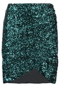 Mini gonna di paillettes turchesi con una forma aderente, caratterizzata da un design a portafoglio diagonale e una fodera nera liscia sotto.