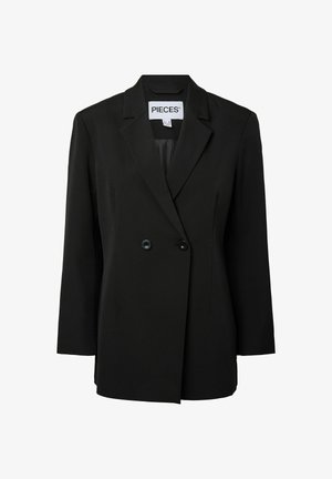Melns divrindu žakete ar iegriezuma atloki un gariem piedurknēm, ar divām pogām priekšpusē un "PIECES" etiķeti apkakles iekšpusē.