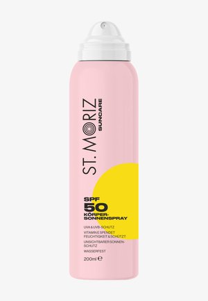 Roze sprayfles van St. Moriz SPF 50 lichaamszonnebrandcrème met witte dop en geel halfcirkelontwerp, gelabeld 200 ml, waterbestendige formule.
