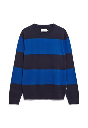 Pull bleu marine avec des rayures horizontales en bleu vif. Doté d'un col rond et de poignets côtelés. Texture douce, design décontracté.