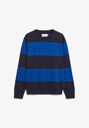 Dunkelblauer Pullover mit horizontalen Streifen in leuchtendem Blau. Verfügt über einen Rundhalsausschnitt und gerippte Bündchen. Weicher Stoff, lässiges Design.