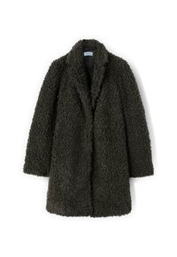 Chlupatý tmavozelený kabát s klopeným límcem, dlouhými rukávy a volným střihem. Texturovaná tkanina s měkkým vzhledem. Žádné viditelné zapínání.