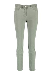 Slim-fit džíny v světle zelené barvě, vyrobené z denimové látky, s předními kapsami a zipy na kotnících.