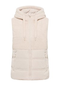 Beige ärmlös huva väst med dragkedja fram, fleece övre del, slät quiltad nedre del och dragkedjefickor på sidorna.