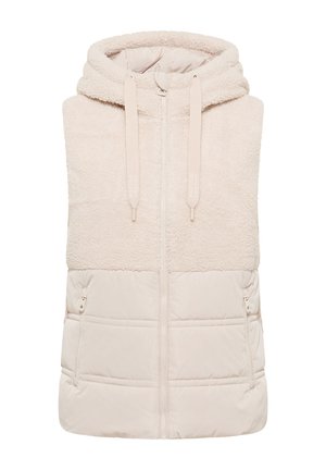 Beige ärmlös huva väst med dragkedja fram, fleece övre del, slät quiltad nedre del och dragkedjefickor på sidorna.