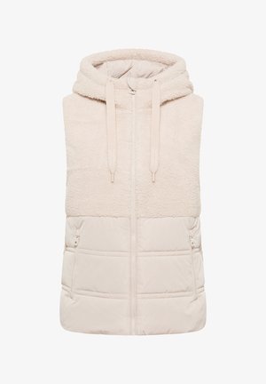 Beige ærmeløs hættetrøje med lynlås foran, fleece øverste del, glat quilted nederste del og lynlåslommer i siden.