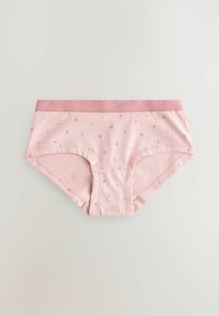 Culottes en coton rose avec une douce ceinture élastique, ornées d'un petit motif floral. Les ouvertures de jambe et les coutures sont soigneusement piquées.