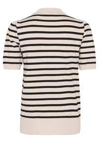 Randig kortärmad stickad topp i beige och svart. Har en polo-krage, ribbade ärmslut och en rak nederkant. Slät textur och lättviktsdesign.