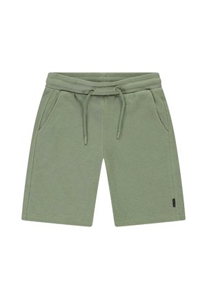 Lichtgroene gebreide korte broek met elastische tailleband en trekkoord, voorzien van zijzakken en een klein zwart stoffen label op de zoom.