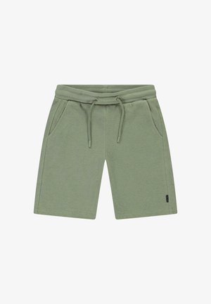 Lichtgroene gebreide korte broek met elastische tailleband en trekkoord, voorzien van zijzakken en een klein zwart stoffen label op de zoom.