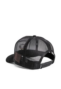 Black mesh trucker cap with a solid black bill, adjustable snapback closure, and a patterned inner lining. Features a textured logo patch.