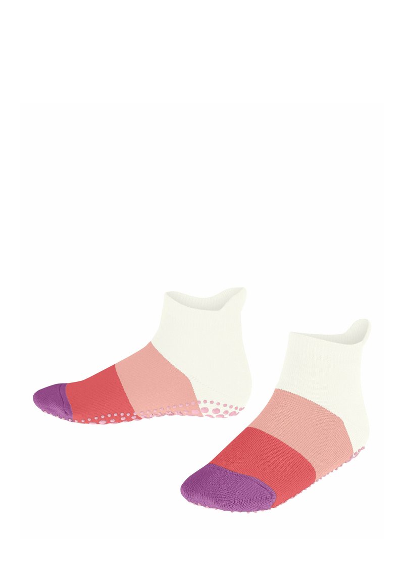 Chaussettes de cheville colorées avec un corps blanc et des sections rose, corail et rouge, et un orteil violet, dotées de points de grip texturés sur la semelle.