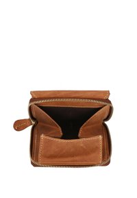 Brown leather wallet, zippered closure, interior compartments, contrasting stitching, smooth texture, no external patterns or hardware visible.