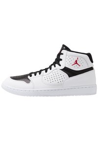Sneaker alte in pelle bianca con dettagli neri, finiture perforate, logo rosso e suola in gomma.