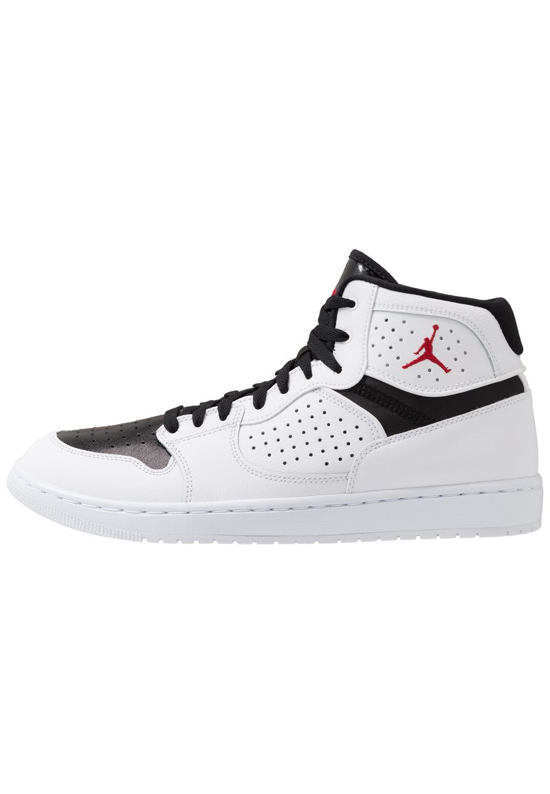Sneaker alte in pelle bianca con dettagli neri, finiture perforate, logo rosso e suola in gomma.