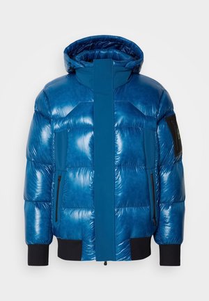 Blue puffer jacket with shiny, quilted texture. Features a hood, front zip, two side pockets, and ribbed cuffs. Black accents on the sleeves.