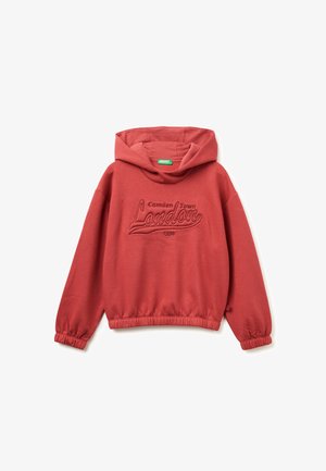 Roter Kapuzenpullover mit lockerer Passform. Merkmale ein gesticktes Design "Camden Town London", elastische Bündchen und einen elastischen Saum. Weicher Stoff.