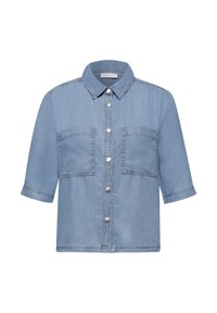Chemise en jean bleu clair à manches courtes avec fermeture boutonnée sur le devant, deux poches poitrine et col pointu.