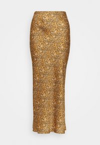 Gonna midi a stampa leopardata dorata con una silhouette elegante, realizzata in un tessuto liscio e leggero. Presenta una vita aderente e un orlo svasato.