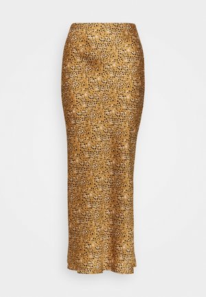 Kulta leopardi kuosis midi-hame, jolla on sulavalinjainen muotoilu, valmistettu sileästä ja kevyestä kankaasta. Hameessa on muotoiltu vyötärö ja kellotettu helma.