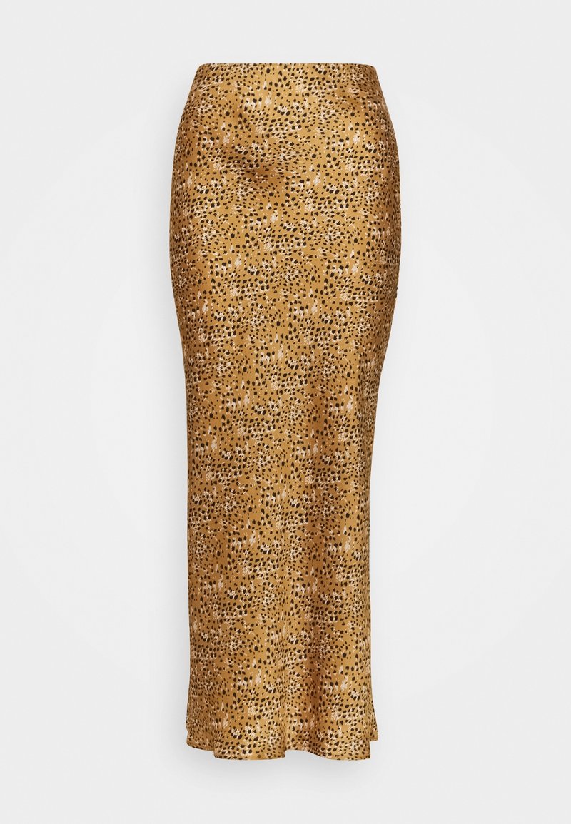 Gonna midi a stampa leopardata dorata con una silhouette elegante, realizzata in un tessuto liscio e leggero. Presenta una vita aderente e un orlo svasato.