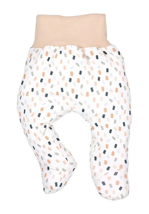 Baumwollhosen für Babys mit einem beigen Bund, bestehend aus einem weißen Grund und einem mehrfarbigen geometrischen Muster aus Rechtecken in Orange, Grau und Schwarz.