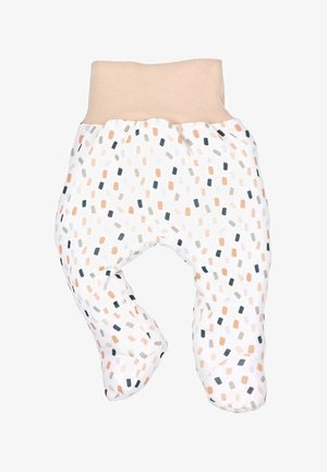 Cotton infant pants with a beige waistband, featuring a white base and a multicolored geometric pattern of rectangles in orange, grey, and black.