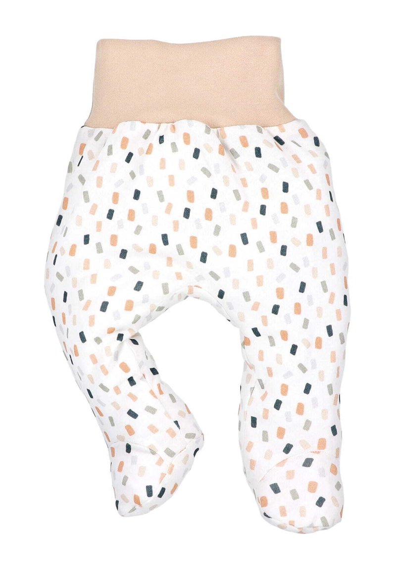 Katoenen babybroekjes met een beige tailleband, voorzien van een witte basis en een kleurrijk geometrisch patroon van rechthoeken in oranje, grijs en zwart.