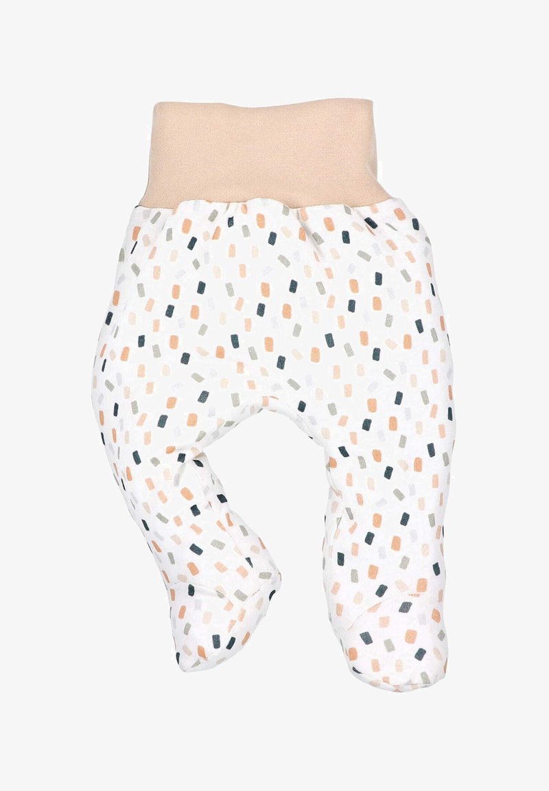 Katoenen babybroekjes met een beige tailleband, voorzien van een witte basis en een kleurrijk geometrisch patroon van rechthoeken in oranje, grijs en zwart.