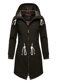 Black parka with a zip front, drawstrings, and two front pockets. Lined with a floral pattern. Features elastic cuffs and logo detail.