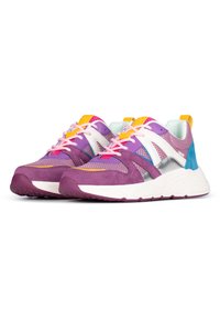 Purple suede and mesh sneakers with white and blue accents, pink laces, and patterned details on the upper. Thick white rubber sole.