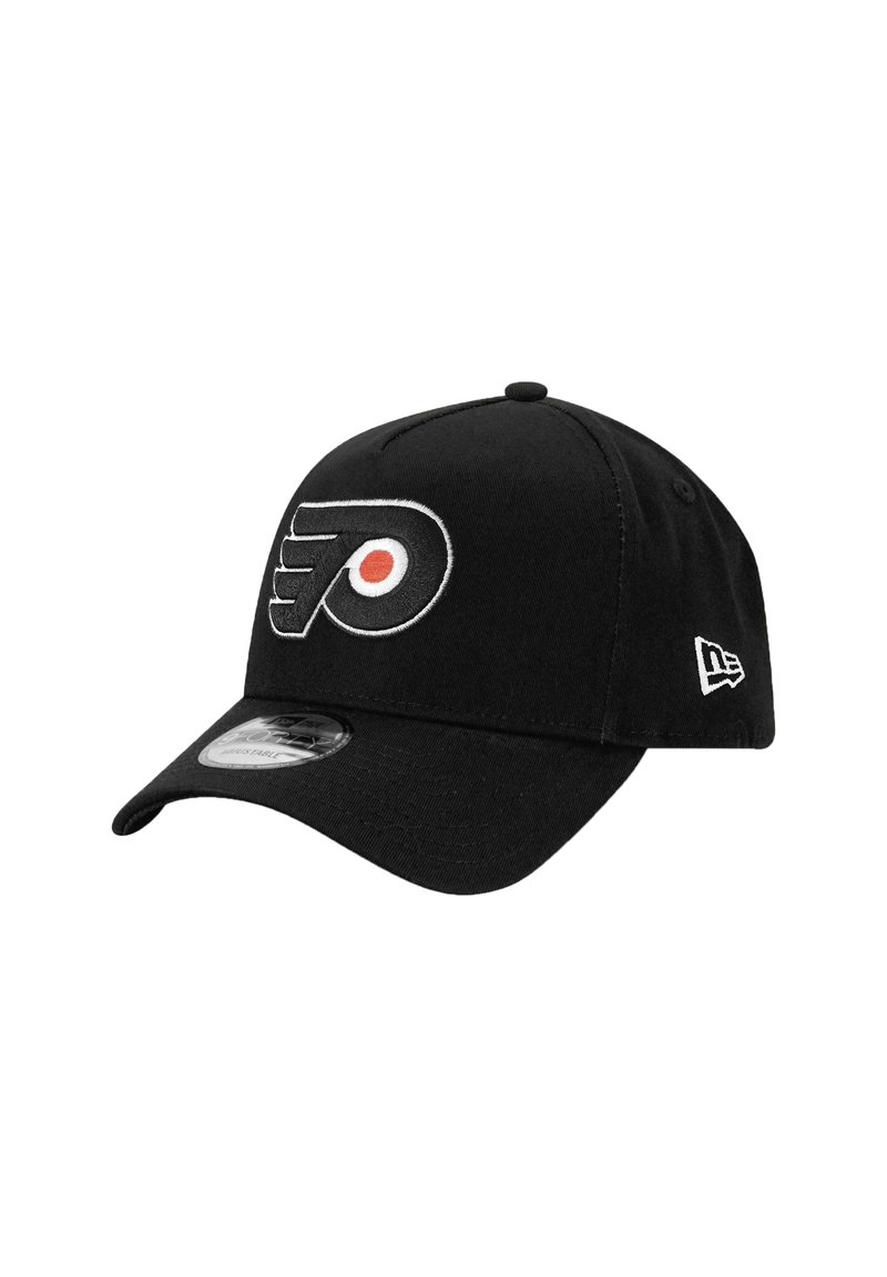 Black baseball cap made of cotton with an adjustable strap, featuring an embroidered Philadelphia Flyers logo in white and orange.